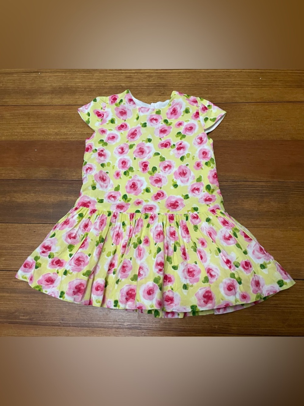 Luli & Me Yellow Viscose Fully Lined Dress with Pink Rose Print Size 12 Months